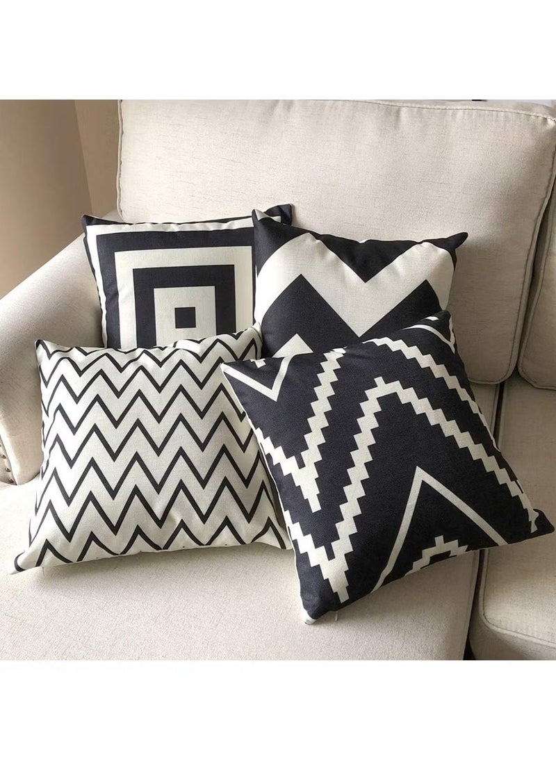 يلا جوي وسائد مربعة مزخرفة، أغطية وسائد من القطن والكتان مخططة باللونين الأسود والبيج، أغطية وسائد منزلية مطبوعة هندسية حديثة مقاس 27 × 25.8 × 4.7 سم أسود/بيج، 4 عبوات - Image 1